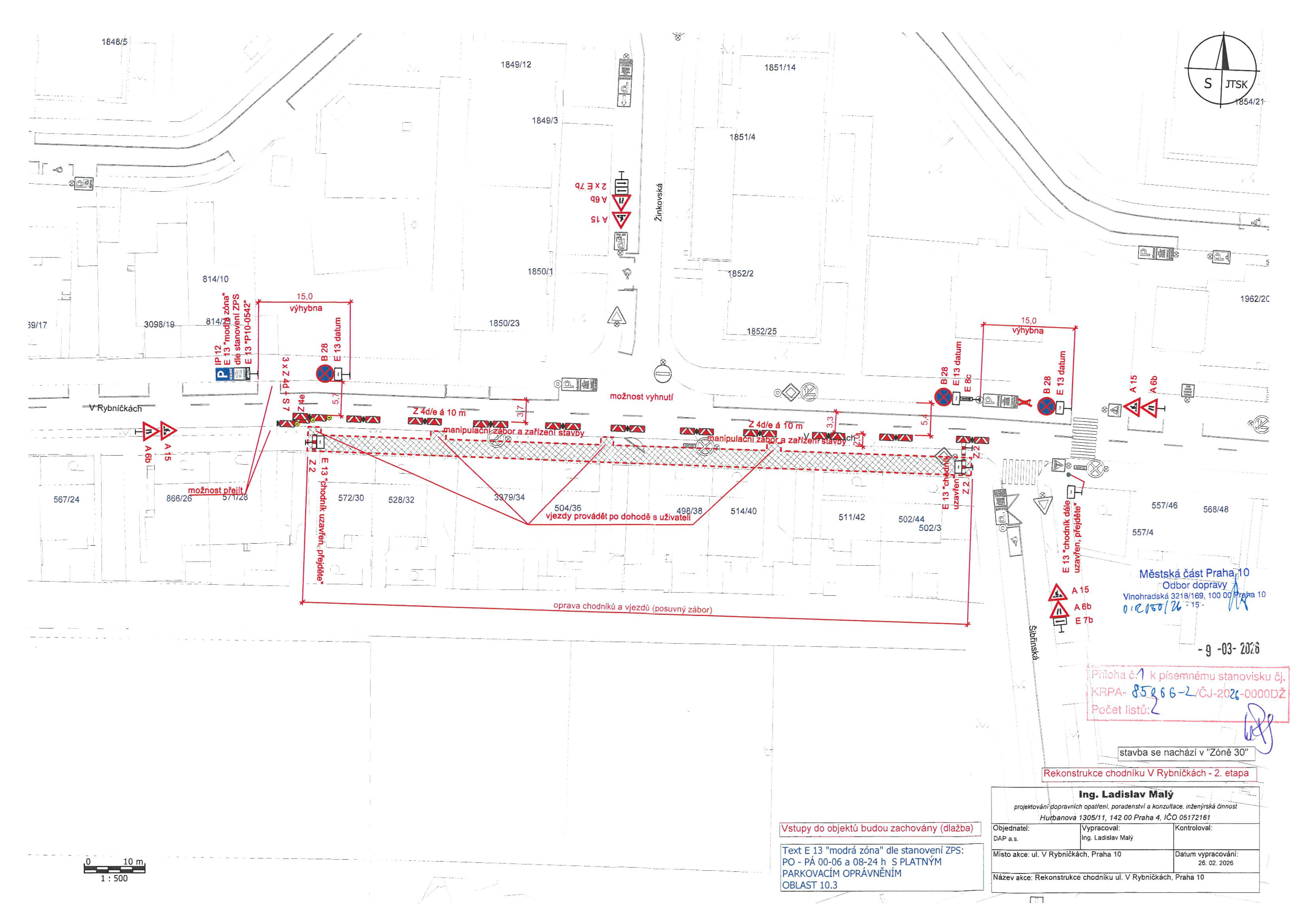 Koordinační situační výkres dopravního značení a záboru pro rekonstrukci chodníku v ulici V Rybníčkách.