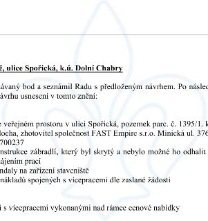 Naskenovaná stránka textového dokumentu týkající se stavebních prací na veřejném prostoru v ul. Spořická, k.ú. Dolní Chabry. Text obsahuje: „...řešený bod a se…