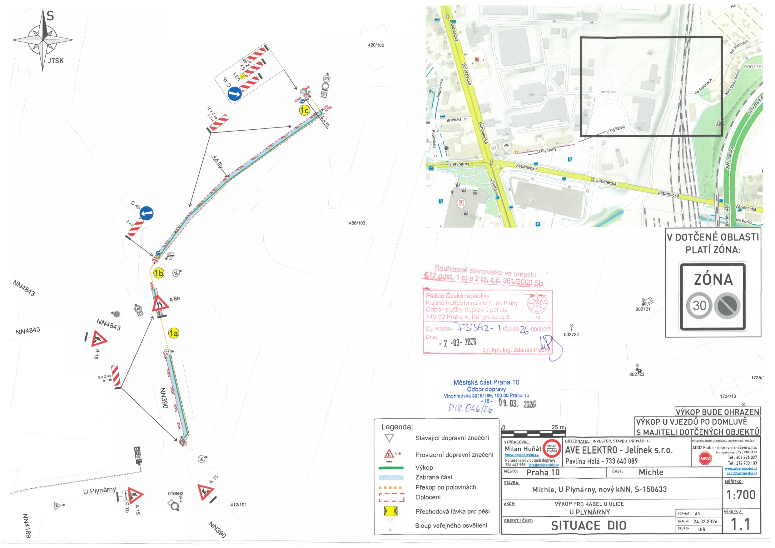 Situační nákres dopravního značení a výkopových prací pro pokládku kabelu v ulici U Plynárny.