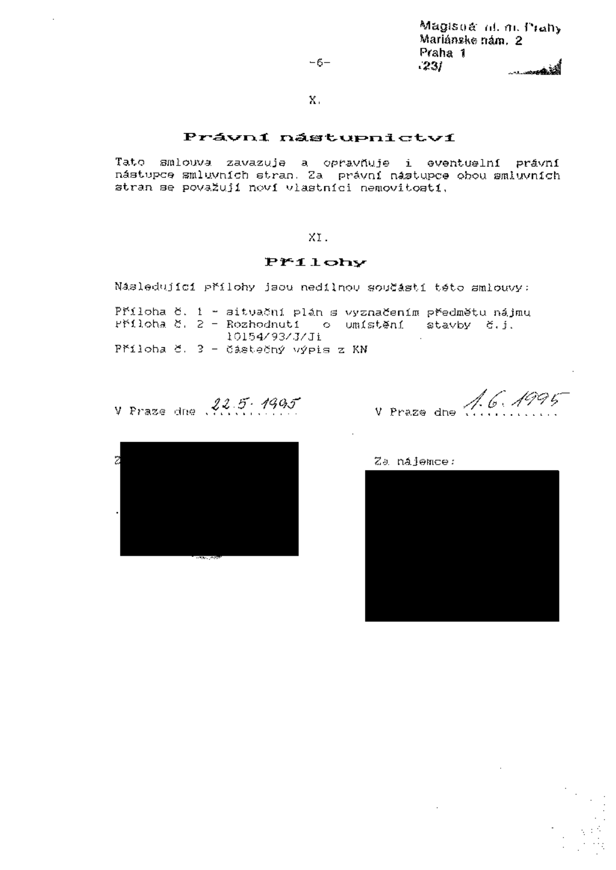 Závěrečná část smlouvy (strana 6). Obsahuje články: X. Právní nástupnictví (tato smlouva zavazuje i eventuální právní nástupce smluvních stran) a XI. Přílohy (1. situační plán s vyznačením předmětu nájmu, 2. Rozhodnutí o umístění stavby č.j. 10154/93/J/Ji, 3. částečný výpis z KN). Dokument je datován v Praze dne 22. 5. 1995 a 1. 6. 1995. V hlavičce je uvedeno: Magistrát hl. m. Prahy, Mariánské nám. 2, Praha 1.
