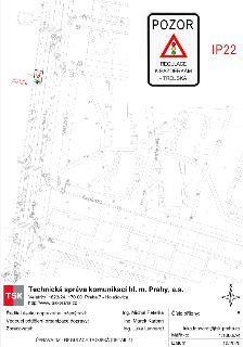 Technický výkres (situační nákres) úpravy dopravního značení v Praze. Obsahuje detail dopravní značky IP22 s textem 'POZOR', symbolem semaforu a nápisem 'REGUL…