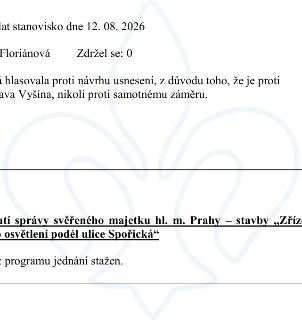 Výňatek z úředního zápisu: '...lat stanovisko dne 12. 08. 2026. Floriánová. Zdržel se: 0. ...hlasovala proti návrhu usnesení, z důvodu toho, že je proti ava Vy…