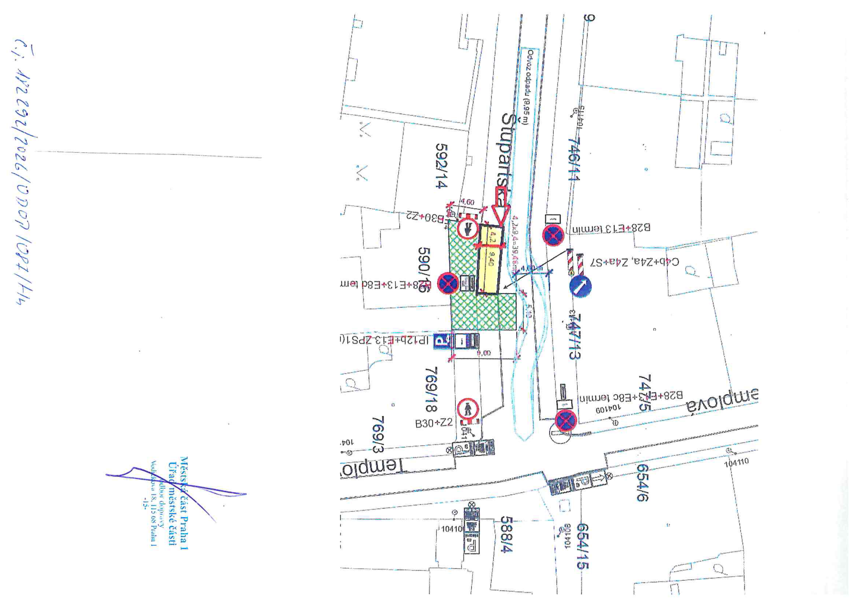 Dopravní situační plán umístění prvků na pozemních komunikacích v okolí ulic Štupartská a Templová.