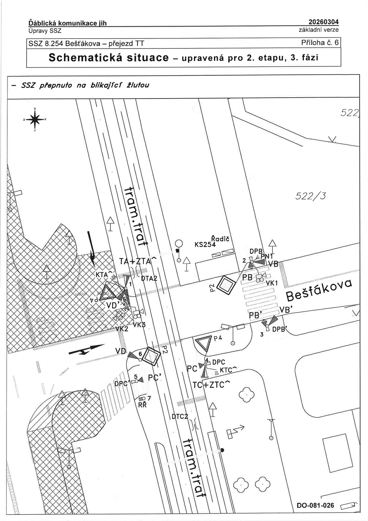 Schematická situace dopravního značení a SSZ pro úpravy v oblasti tramvajové trati a ulice Bešťákova.