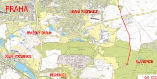 Situační mapa území v okolí Prahy, konkrétně oblastí Horní Počernice, Dolní Počernice, Běchovice a Klánovice. Mapa obsahuje vyznačenou trasu (červená čára) ved…