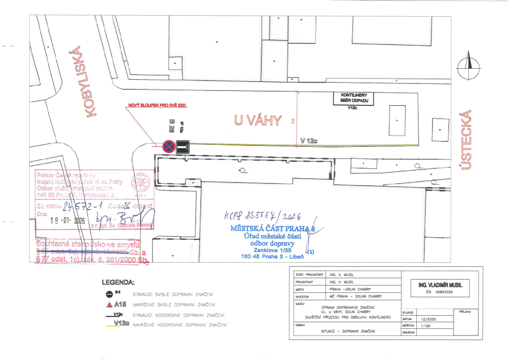 Dopravně inženýrské opatření (situační nákres) pro úpravu dopravního značení v ulici U Váhy v Praze 8 - Dolní Chabry.
