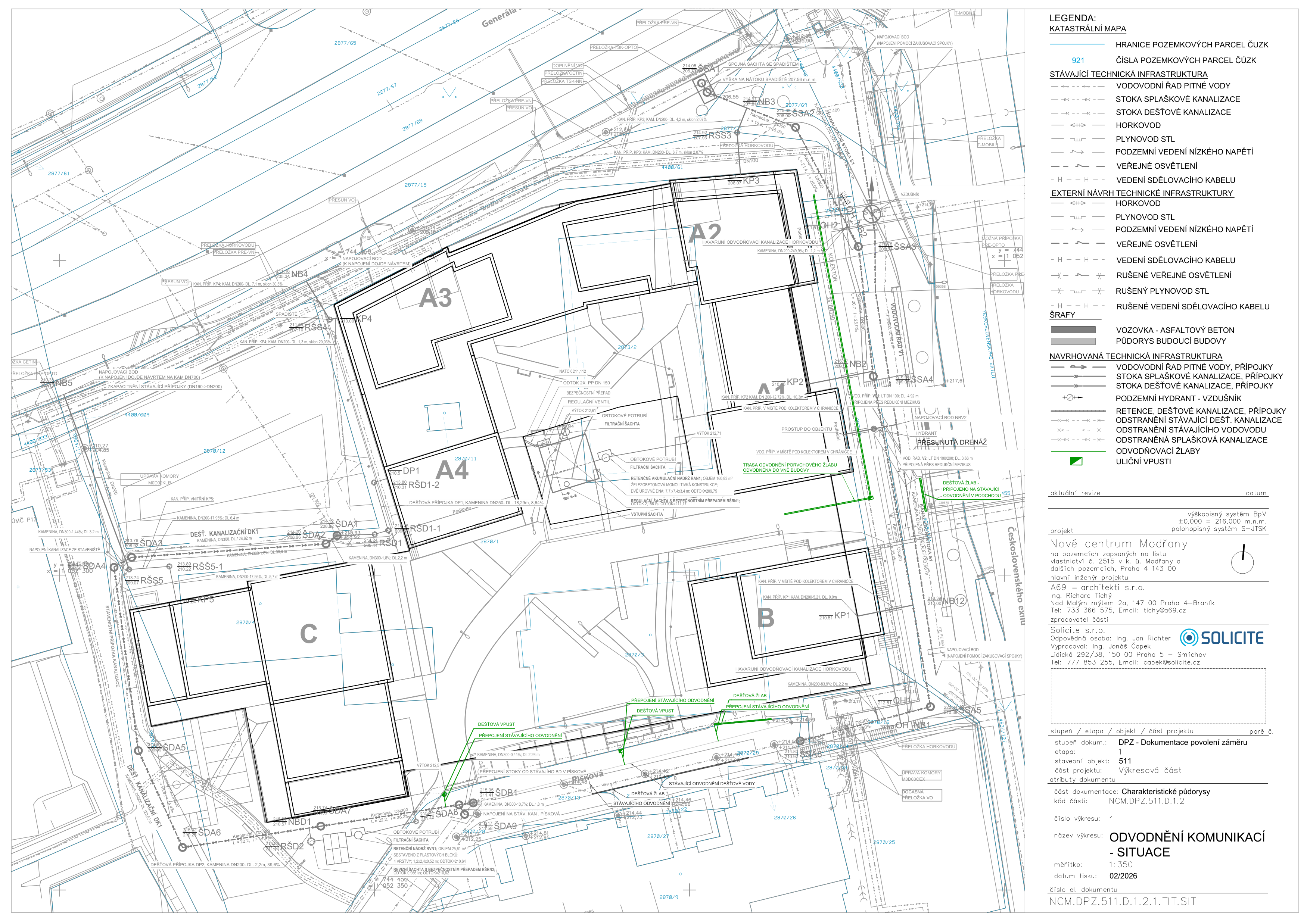 Situační výkres odvodnění komunikací pro projekt 'Nové centrum Modřany'. Dokument obsahuje technické výkresy budov (A2, A3, A4, B, C) a inženýrských sítí (vodovod, kanalizace, horkovod, plynovod, elektro). 

Legenda:
- Stávající technická infrastruktura: vodovod, splašková a dešťová kanalizace, horkovod, plynovod STL, podzemní vedení NN, veřejné osvětlení, sdělovací kabely.
- Externí návrh technické infrastruktury: horkovod, plynovod STL, podzemní vedení NN, veřejné osvětlení, sdělovací kabely, rušené vedení.
- Navrhovaná technická infrastruktura: vodovod, splašková a dešťová kanalizace, hydranty, retence, dešťová kanalizace, odvodňovací žlaby, uliční vpusti.

Informace o projektu:
- Název: Nové centrum Modřany
- Lokalita: pozemky v k.ú. Modřany, Praha 4
- Hlavní inženýr projektu: A69 – architekti s.r.o., Ing. Richard Tichý
- Zpracovatel části: Solicite s.r.o., Ing. Jonáš Čapek, Lidická 292/38, 150 00 Praha 5 – Smíchov, tel: 777 853 255, email: capek@solicite.cz
- Stupeň dokumentace: DPZ – Dokumentace povolení záměru
- Číslo výkresu: NCM.DPZ.511.D.1.2
- Název výkresu: ODVODNĚNÍ KOMUNIKACÍ – SITUACE
- Měřítko: 1:350
- Datum tisku: 02/2026