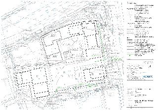 Situační výkres odvodnění komunikací pro projekt 'Nové centrum Modřany'. Dokument obsahuje technické výkresy budov (A2, A3, A4, B, C) a inženýrských sítí (vodo…