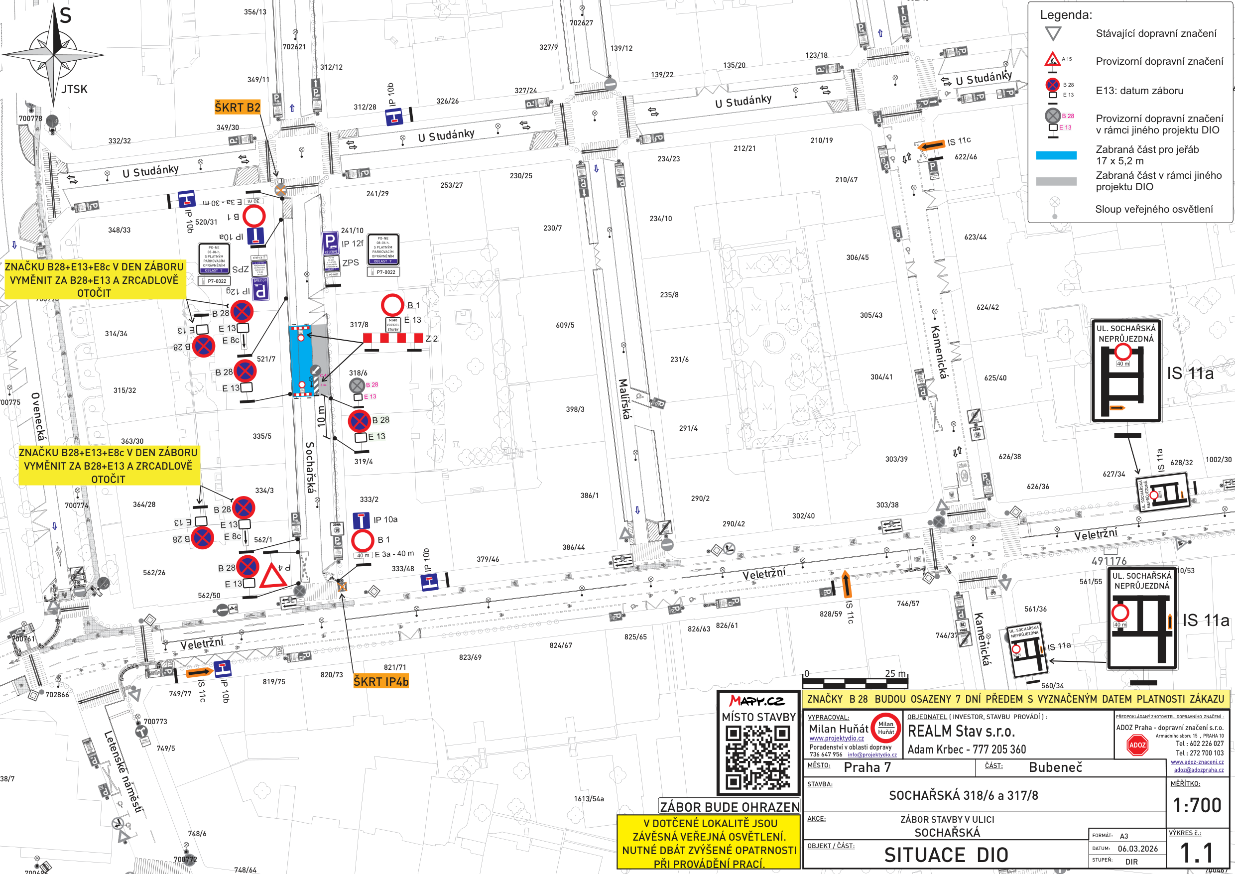 Situační nákres dopravního značení a záboru komunikace pro stavební práce v ulici Sochařská.