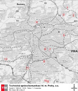 Mapa Prahy s vyznačenými body (1-12) a záhlavím 'Technická správa komunikací hl. m. Prahy, a.s.', Veletržní 1623/24, 170 00 Praha 7 - Holešovice, http://www.ts…