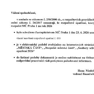 Oznámení pro občany městské části Praha 1 týkající se rozpočtového opatření č. 059 pro rok 2026. Dokument uvádí, že rozpočtové opatření bylo schváleno Zastupit…