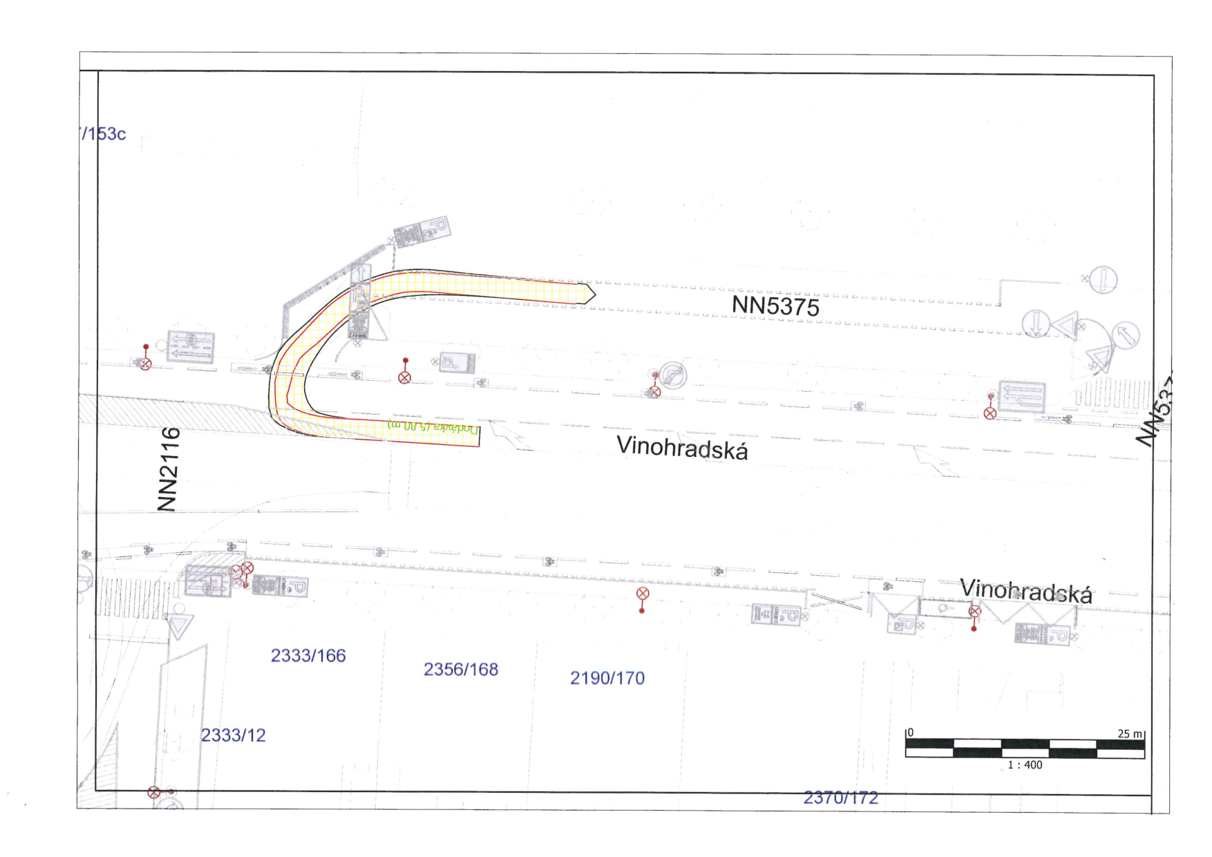 Situační nákres dopravního značení nebo stavebních úprav na ulici Vinohradská. V plánu jsou vyznačeny parcely č. 2333/166, 2356/168, 2190/170, 2333/12 a 2370/172. Dále jsou uvedena označení NN2116 a NN5375. Součástí je grafické měřítko 1:400 a vyznačená plocha s popiskem 'dodávka (5,00 m)'.