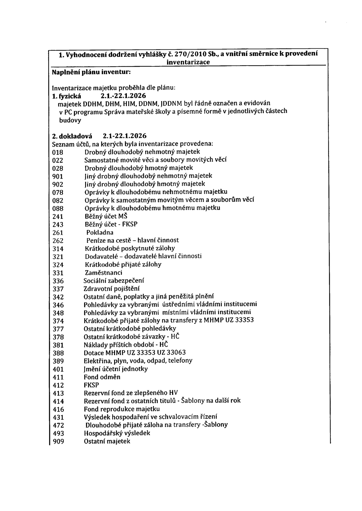 Dokument: 1. Vyhodnocení dodržení vyhlášky č. 270/2010 Sb., a vnitřní směrnice k provedení inventarizace. Naplnění plánu inventur: 1. Fyzická inventarizace proběhla 2.1.-22.1.2026, majetek DDHM, DHM, HIM, DDNM, JDDNM byl řádně označen a evidován v PC programu Správa mateřské školy a písemné formě. 2. Dokladová inventarizace proběhla 2.1.-22.1.2026. Seznam inventarizovaných účtů: 018 Drobný dlouhodobý nehmotný majetek, 022 Samostatné movité věci a soubory movitých věcí, 028 Drobný dlouhodobý hmotný majetek, 901 Jiný drobný dlouhodobý nehmotný majetek, 902 Jiný drobný dlouhodobý hmotný majetek, 078 Oprávky k dlouhodobému nehmotnému majetku, 082 Oprávky k samostatným movitým věcem a souborům věcí, 088 Oprávky k dlouhodobému hmotnému majetku, 241 Běžný účet MŠ, 243 Běžný účet - FKSP, 261 Pokladna, 262 Peníze na cestě - hlavní činnost, 314 Krátkodobé poskytnuté zálohy, 321 Dodavatelé - dodavatelé hlavní činnosti, 324 Krátkodobé přijaté zálohy, 331 Zaměstnanci, 336 Sociální zabezpečení, 337 Zdravotní pojištění, 342 Ostatní daně, poplatky a jiná peněžitá plnění, 346 Pohledávky za vybranými ústředními vládními institucemi, 348 Pohledávky za vybranými místními vládními institucemi, 374 Krátkodobé přijaté zálohy na transfery z MHMP UZ 33353, 377 Ostatní krátkodobé pohledávky, 378 Ostatní krátkodobé závazky - HČ, 381 Náklady příštích období - HČ, 388 Dotace MHMP UZ 33353 UZ 33063, 389 Elektřina, plyn, voda, odpad, telefony, 401 Jmění účetní jednotky, 411 Fond odměn, 412 FKSP, 413 Rezervní fond ze zlepšeného HV, 414 Rezervní fond z ostatních titulů - Šablony na další rok, 416 Fond reprodukce majetku, 431 Výsledek hospodaření ve schvalovacím řízení, 472 Dlouhodobé přijaté záloha na transfery - Šablony, 493 Hospodářský výsledek, 909 Ostatní majetek.