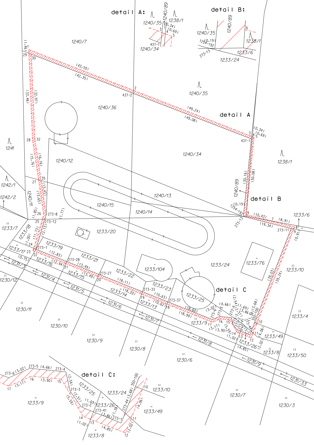 Katastrální situační výkres znázorňující hranice pozemků a jejich parcelní čísla. Zobrazená čísla parcel: 1240/7, 1240/35, 1240/36, 1240/34, 1240/12, 1240/15, 1240/14, 1240/13, 1240/11, 1240/89, 1238/1, 1233/6, 1233/24, 1233/76, 1233/10, 1233/4, 1233/49, 1233/8, 1233/26, 1233/25, 1233/9, 1233/23, 1233/22, 1233/21, 1233/20, 1233/19, 1233/18, 1233/17, 1233/16, 1233/15, 1233/14, 1233/13, 1233/9, 1231/3, 1231/4, 1231/5, 1231/6, 1231/7, 1231/8, 1231/9, 1231/33, 1230/11, 1230/10, 1230/9, 1230/8, 1230/7, 1230/6, 1230/3, 1242/1, 1242/2, 1233/7, 1241. Výkres obsahuje detaily A, B a C s vyznačenými body (např. 437-1, 437-2, 273-1 až 273-44, 1254-192, 350-100) a kótami délek hranic v metrech.