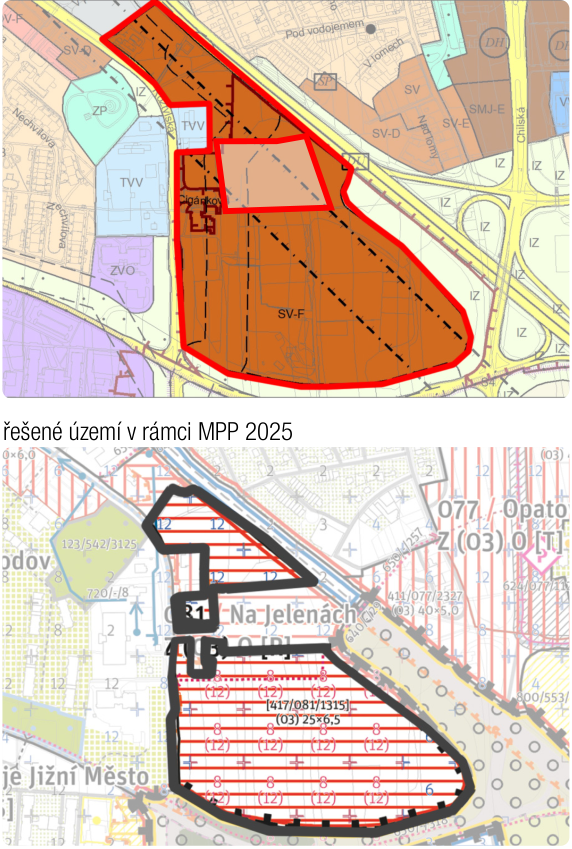 Srovnání územního plánování pro danou lokalitu. Horní část: Mapa územního plánu s vyznačeným územím (označeno SV-F, TVV, IZ). Dolní část: 'řešené území v rámci MPP 2025' (Metropolitní plán Prahy) s vyznačenou oblastí 'R1 - Na Jelenách' a technickými parametry zástavby (např. [417/081/1315], (03) 25x6,5). V mapách jsou patrné názvy ulic a lokalit jako 'Pod vodojemem', 'V lomech', 'Chilská', 'Nechvílova', 'Jižní Město'.