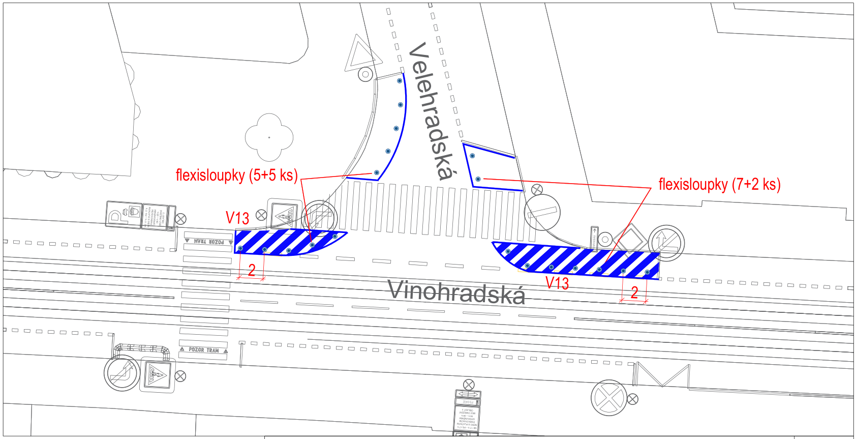 Situační nákres dopravního značení a úpravy komunikace v křižovatce ulic Velehradská a Vinohradská.