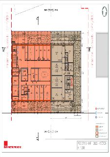 Půdorys 4. nadzemního podlaží (4NP) budovy, květen 2022, měřítko 1:200. Dokument zobrazuje rozdělení prostor mezi majetek DPP (oranžová barva) a majetek SŽ (hn…