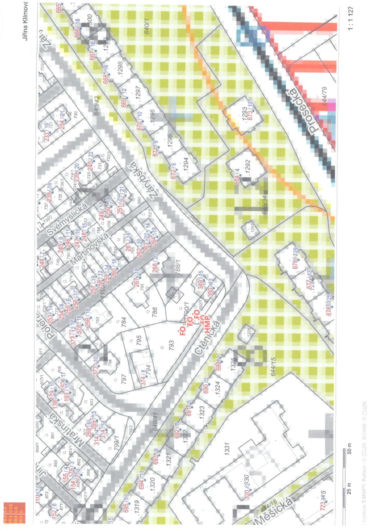 Katastrální mapa oblasti v Praze (pravděpodobně Praha-Kbely), zobrazující parcely a ulice: Mratínská, Poleradská, Svémyslická, Martinovská, Zárybská, Ctěnická, Měšická a Prosecká. Mapa obsahuje parcelní čísla (např. 799/1, 788/1, 1294, 644/15, 677/127, 110/108 atd.) a měřítko 1:1 127. V pravém dolním rohu je uvedeno: Spinbox T-MAPY, Katastr © ČÚZK, RÚIAN © ČÚZK.