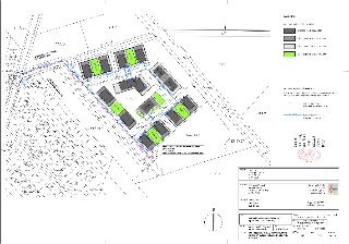 Situační plán a schéma inženýrských sítí (el. energie) pro projekt obytného souboru Kolovraty, č. parc. 744/7 k.ú. Kolovraty. Zobrazeny navrhované objekty (SO1…