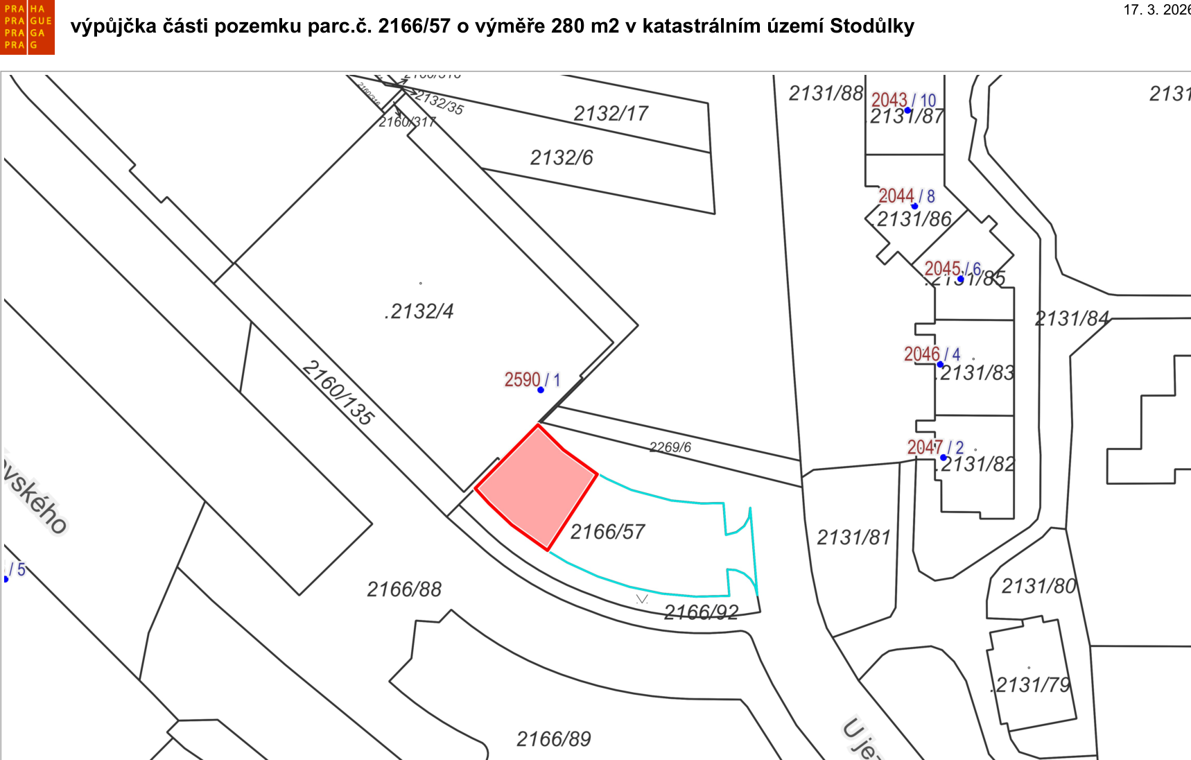 Výřez z katastrální mapy s vyznačenou částí pozemku parc. č. 2166/57 v k.ú. Stodůlky.