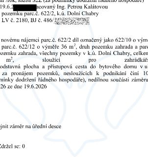 Výňatek z úředního dokumentu týkající se pronájmu pozemků v k.ú. Dolní Chabry. Obsahuje informace: 19.6.2026 (datum), zpracovaný Ing. Petrou Kalátovou, týkajíc…