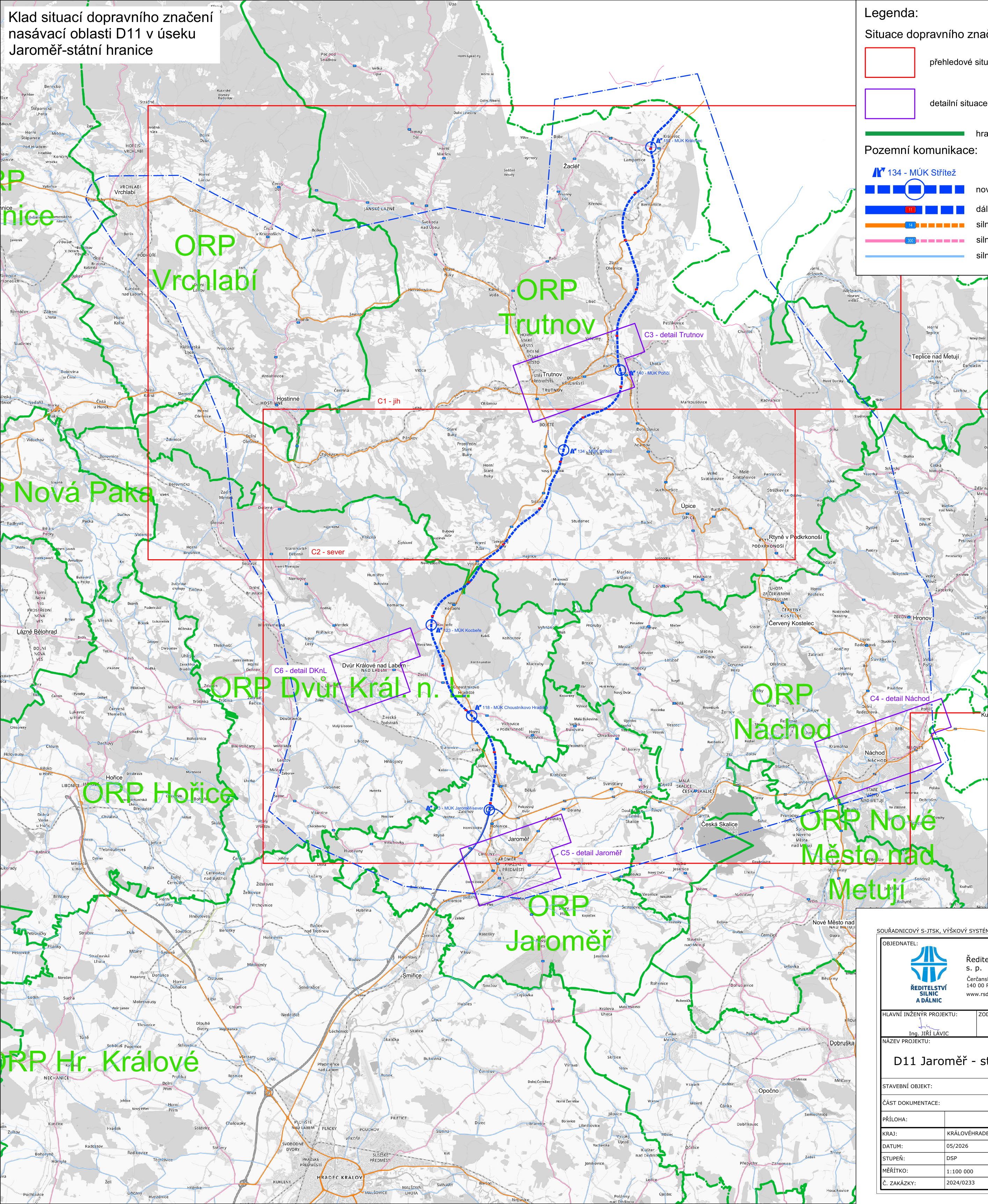 Mapa 'Klad situací dopravního značení nasávací oblasti D11 v úseku Jaroměř-státní hranice'. Mapa zobrazuje trasu dálnice D11 a okolní obce rozdělené do správních obvodů obcí s rozšířenou působností (ORP): Vrchlabí, Trutnov, Nová Paka, Dvůr Králové n. L., Hořice, Náchod, Nové Město nad Metují, Jaroměř a Hradec Králové. V mapě jsou vyznačeny detaily situací (C1-jih, C2-sever, C3-detail Trutnov, C4-detail Náchod, C5-detail Jaroměř, C6-detail DKnL) a mimoúrovňové křižovatky (MÚK). V pravém dolním rohu je razítko projektu: 'D11 Jaroměř - státní hranice', datum 05/2026, stupeň DSP, zakázka 2024/0233, Ředitelství silnic a dálnic ČR.
