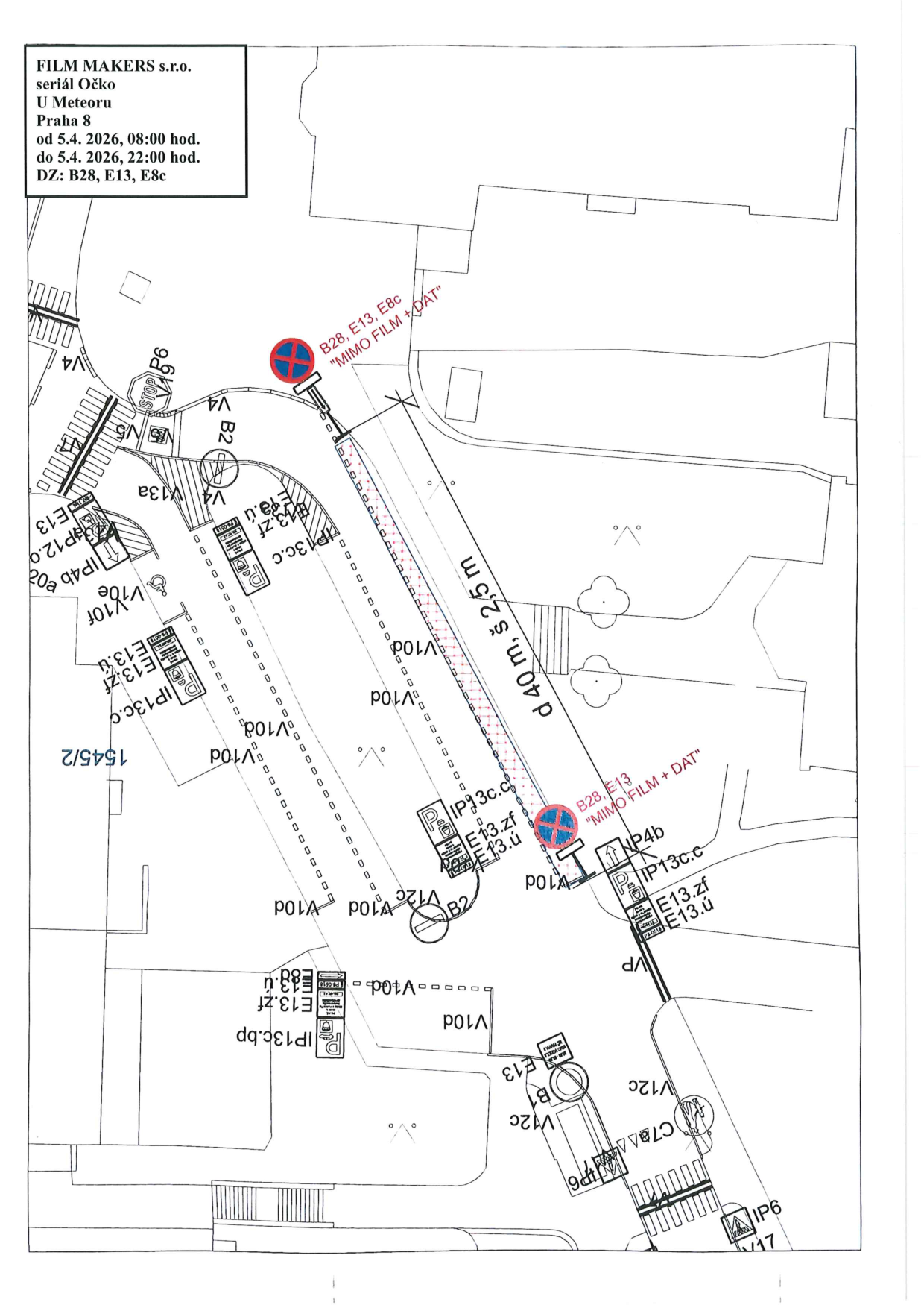 Situační nákres dopravního značení pro zábor veřejného prostranství z důvodu filmování.