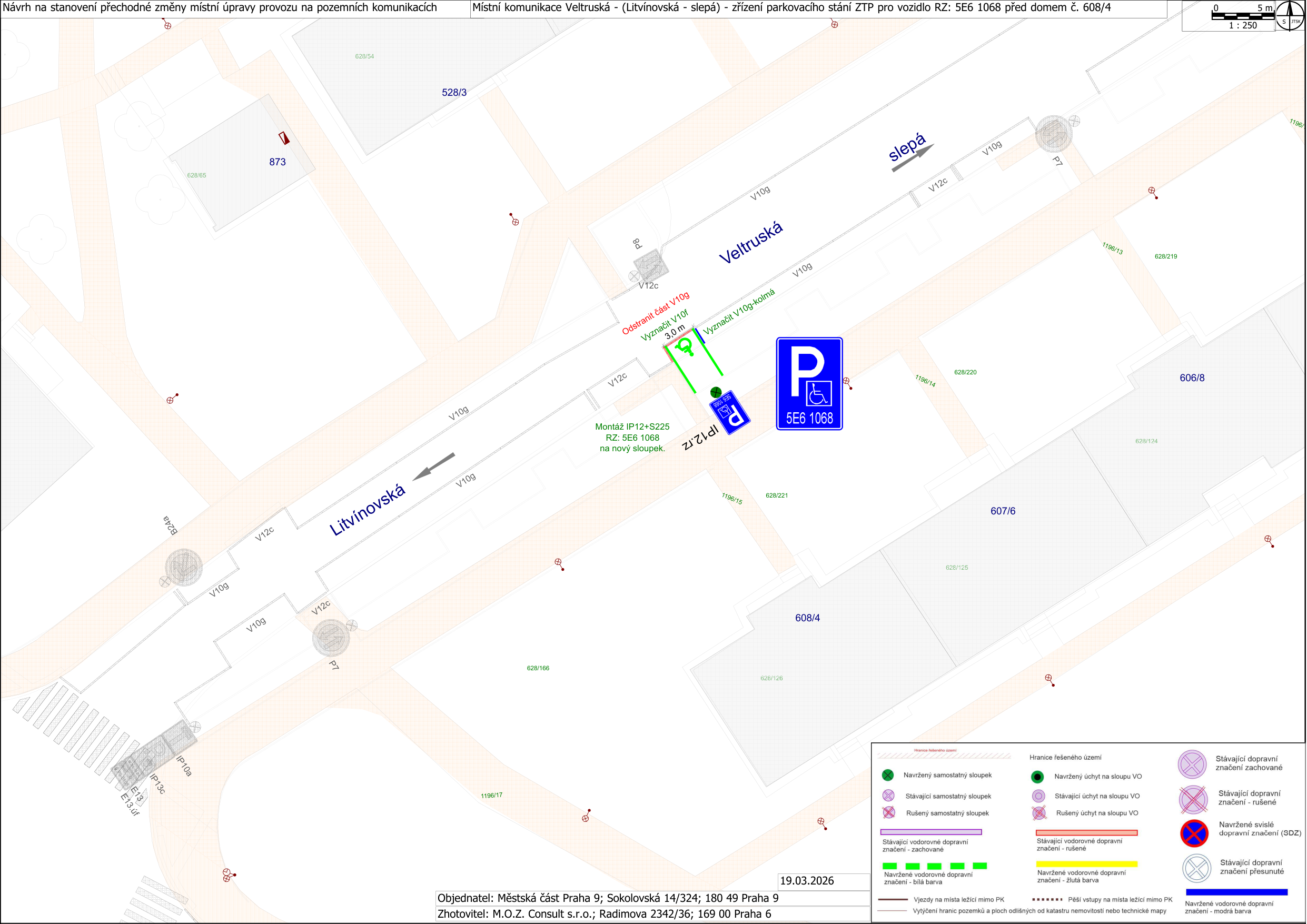 Situační nákres dopravního značení pro zřízení vyhrazeného parkovacího stání pro vozidlo ZTP v ulici Veltruská.