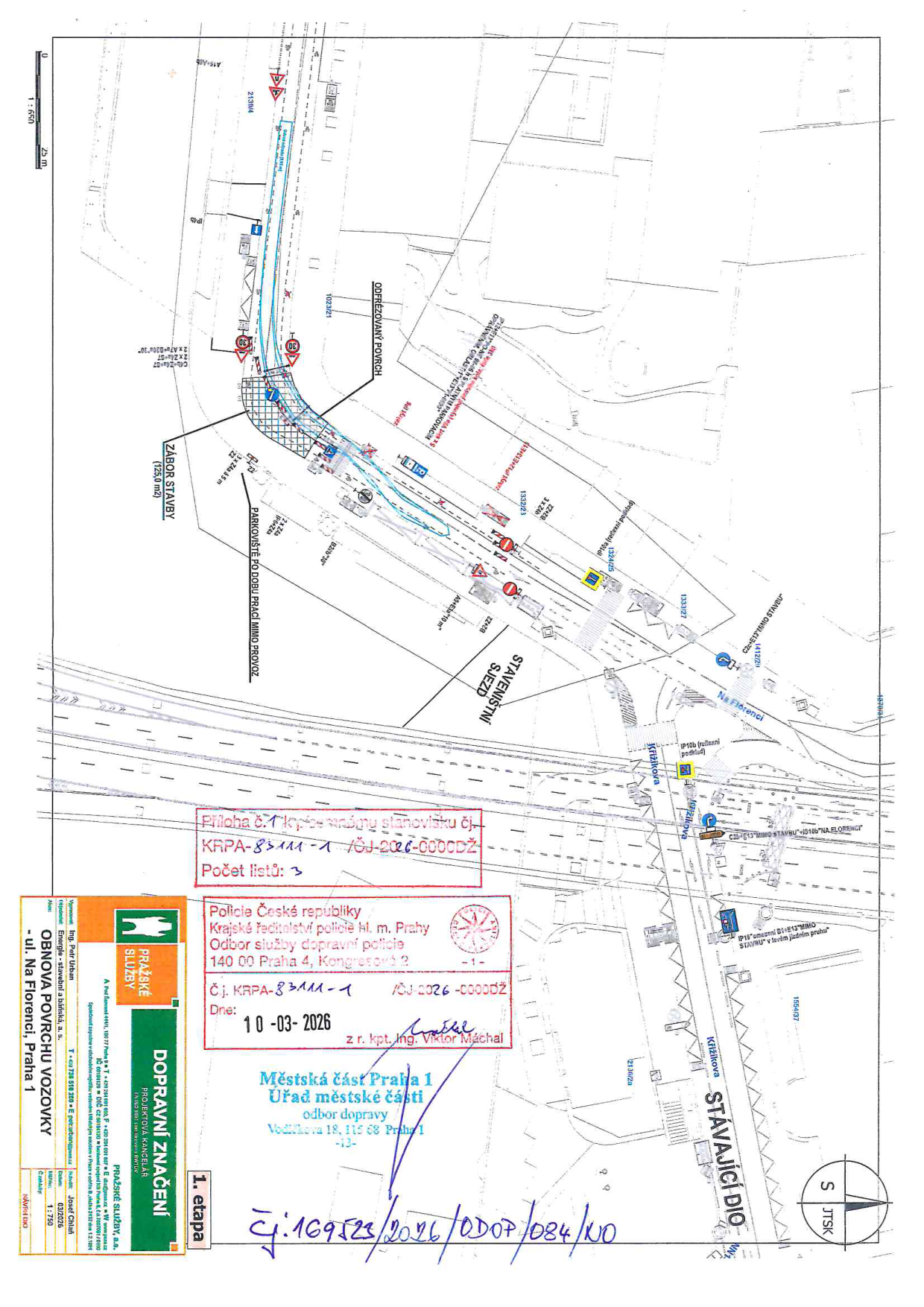 Situační nákres dopravního značení a plánu stavby na ulici Na Florenci.