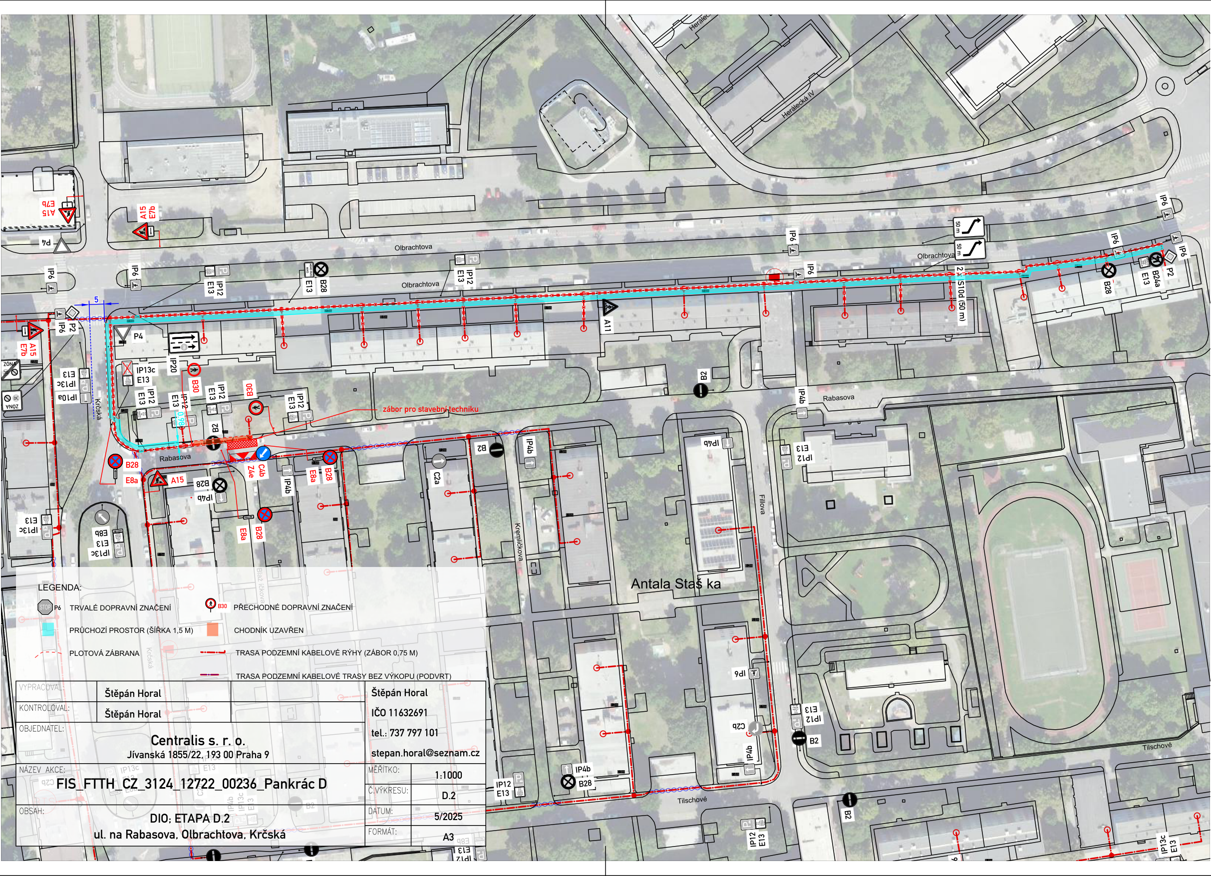 Situační nákres plánované trasy podzemního kabelového vedení v ulicích Olbrachtova a Na Rabasově.