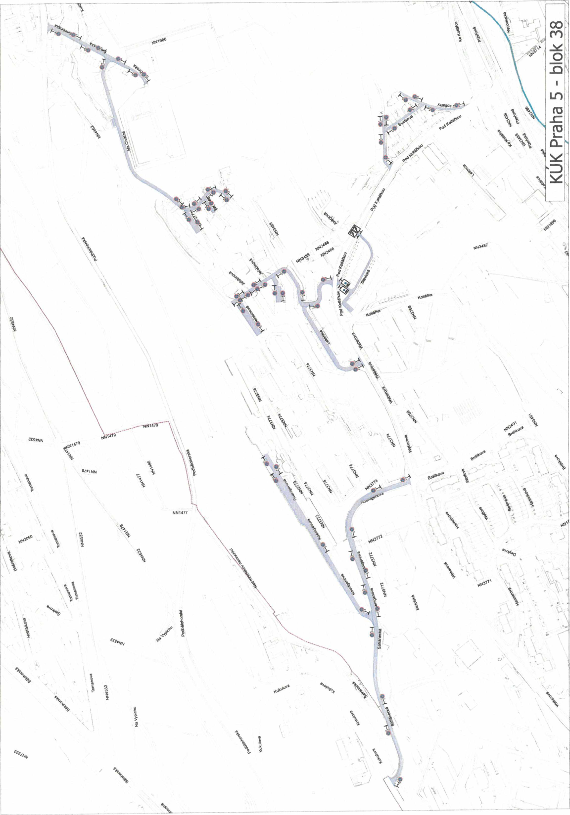 Situační nákres inženýrských sítí nebo dopravního značení v oblasti Praha 5 - blok 38.