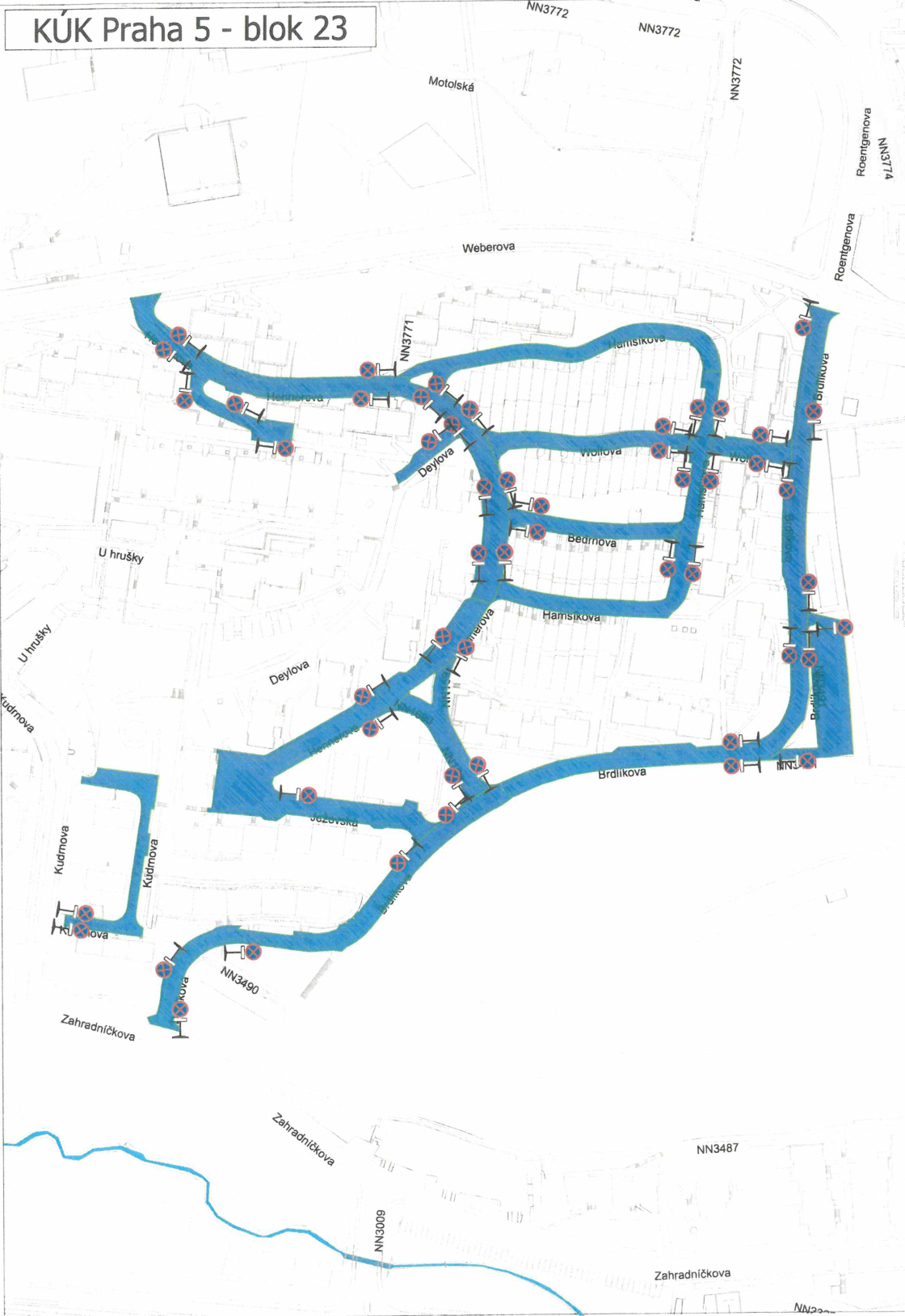 Situační plán dopravního značení v oblasti Praha 5 - blok 23.