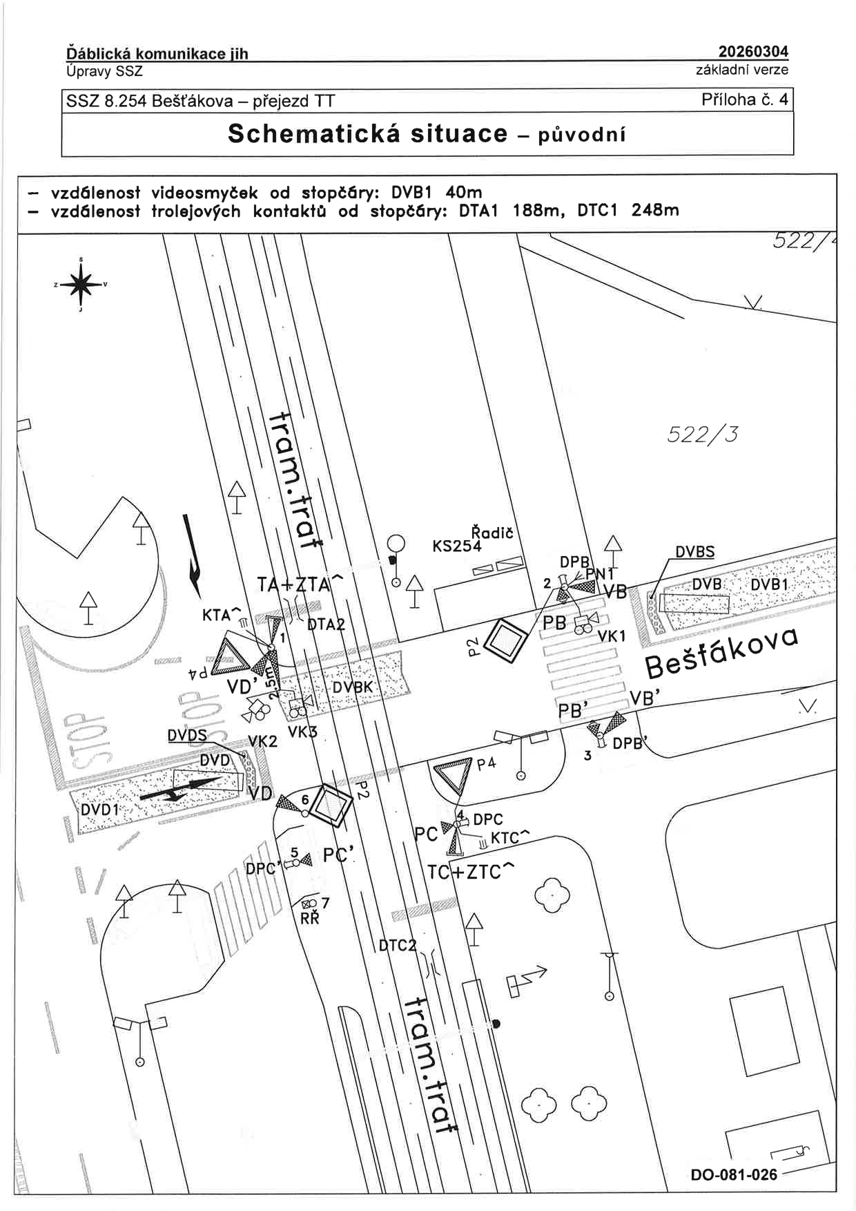 Schematická situace světelného signalizačního zařízení (SSZ) 8.254 Bešťákova - přejezd tramvajové trati.
