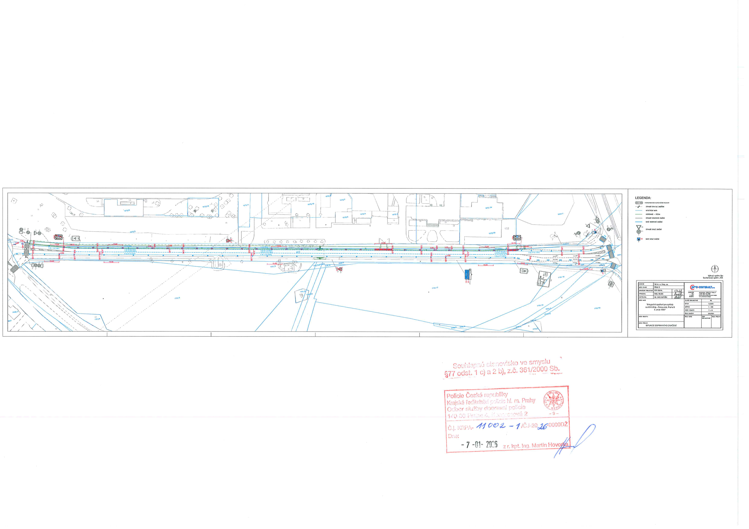 Situační nákres dopravního značení a úpravy komunikace se schvalovacím razítkem Policie ČR.