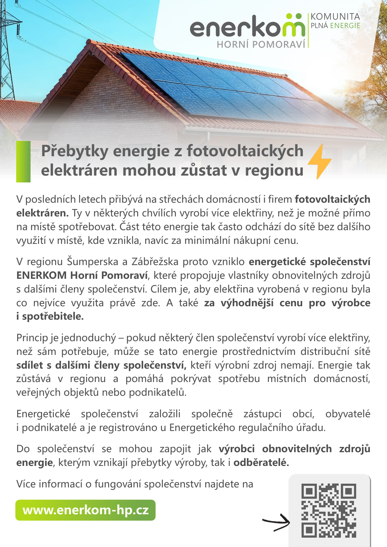 Informační leták energetického společenství 'ENERKOM Horní Pomoraví'. Text: 'Přebytky energie z fotovoltaických elektráren mohou zůstat v regionu'. Vysvětlení principu sdílení elektřiny mezi výrobci a spotřebiteli v regionu Šumperska a Zábřežska. Společenství je registrováno u Energetického regulačního úřadu a je otevřené pro výrobce i odběratele. Webové stránky: www.enerkom-hp.cz.