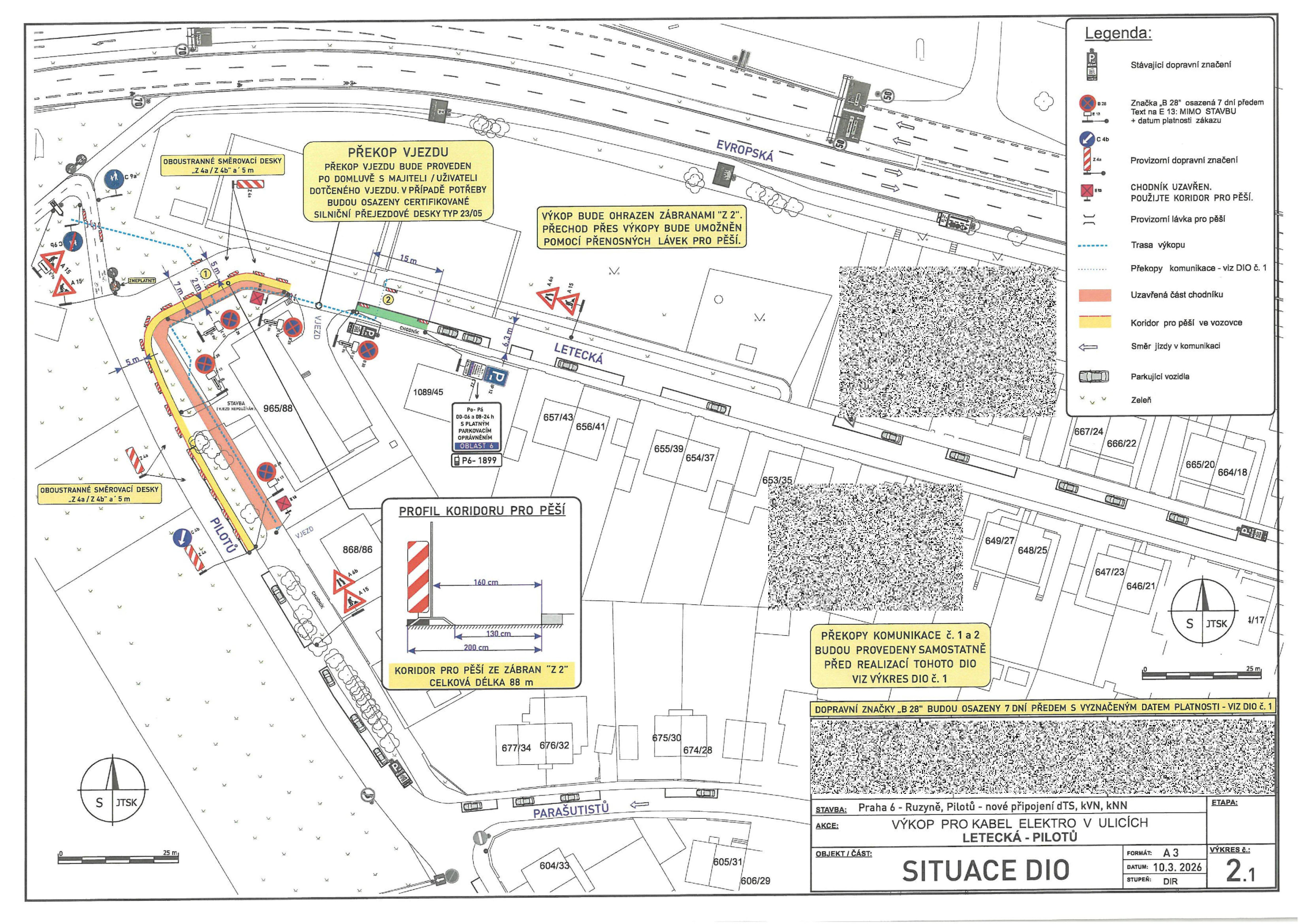 Situace DIO (dopravně inženýrského opatření) pro výkopové práce a uložení kabelů v ulicích Letecká a Pilotů v Praze 6-Ruzyni.