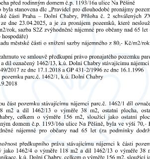 Výňatek z úředního dokumentu týkající se pronájmu pozemků v k.ú. Dolní Chabry u rodinného domu č.p. 1193/16a v ulici Na Pěšině. Klíčové informace: 1) Stanovení…