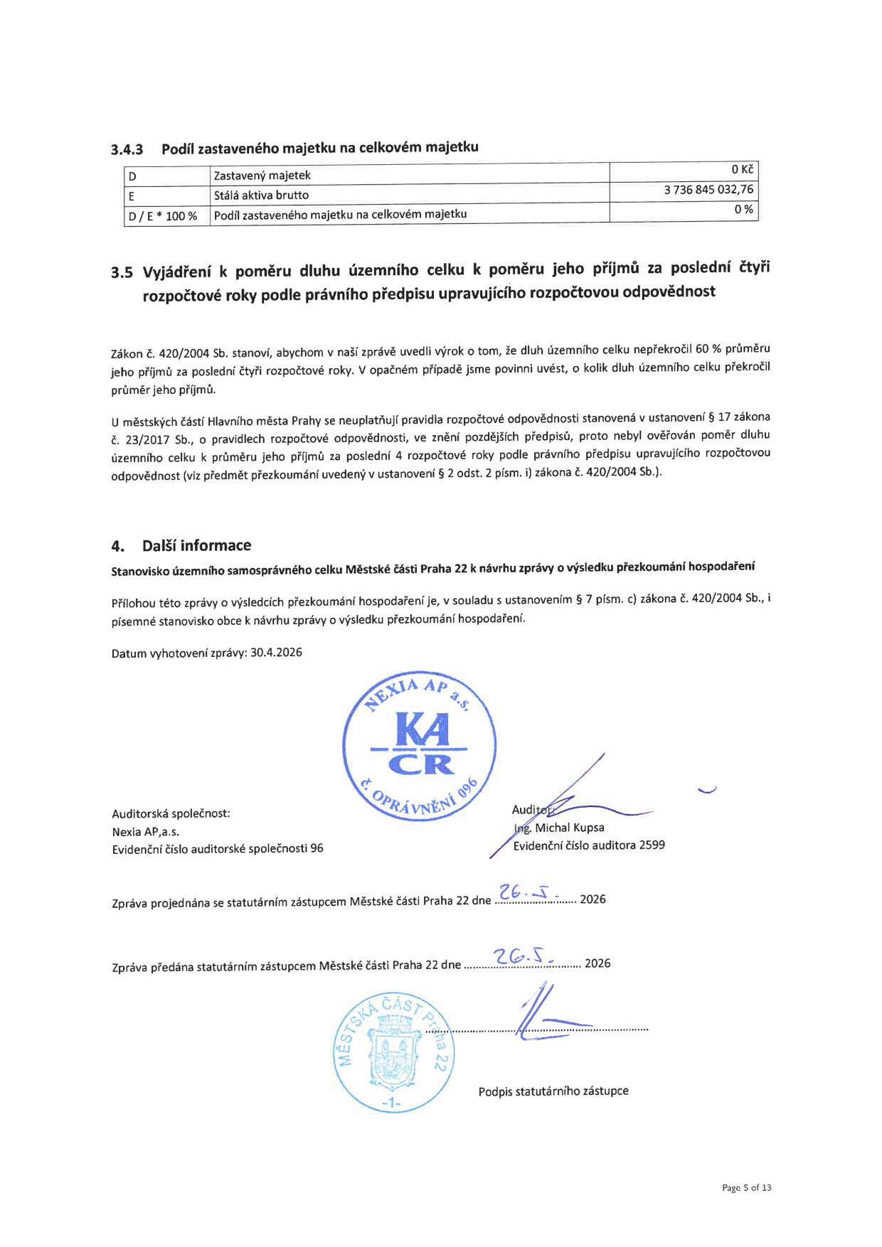 Část auditu hospodaření Městské části Praha 22. Obsahuje tabulku 3.4.3 'Podíl zastaveného majetku na celkovém majetku' (Zastavený majetek: 0 Kč, Stálá aktiva brutto: 3 736 845 032,76 Kč, Podíl: 0 %). Dále obsahuje bod 3.5 'Vyjádření k poměru dluhu územního celku k poměru jeho příjmů za poslední čtyři rozpočtové roky' s odkazem na zákon č. 420/2004 Sb. a zákon č. 23/2017 Sb. Dokument je datován 30.4.2026, podepsán auditorem Ing. Michalem Kupsou (Nexia AP, a.s.) a statutárním zástupcem Městské části Praha 22 (projednáno a předáno 26.5.2026).
