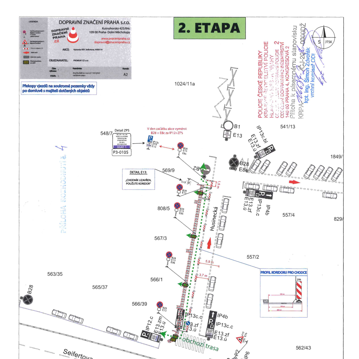 Situační nákres dopravního značení pro 2. etapu stavby v ulici Husinecká.