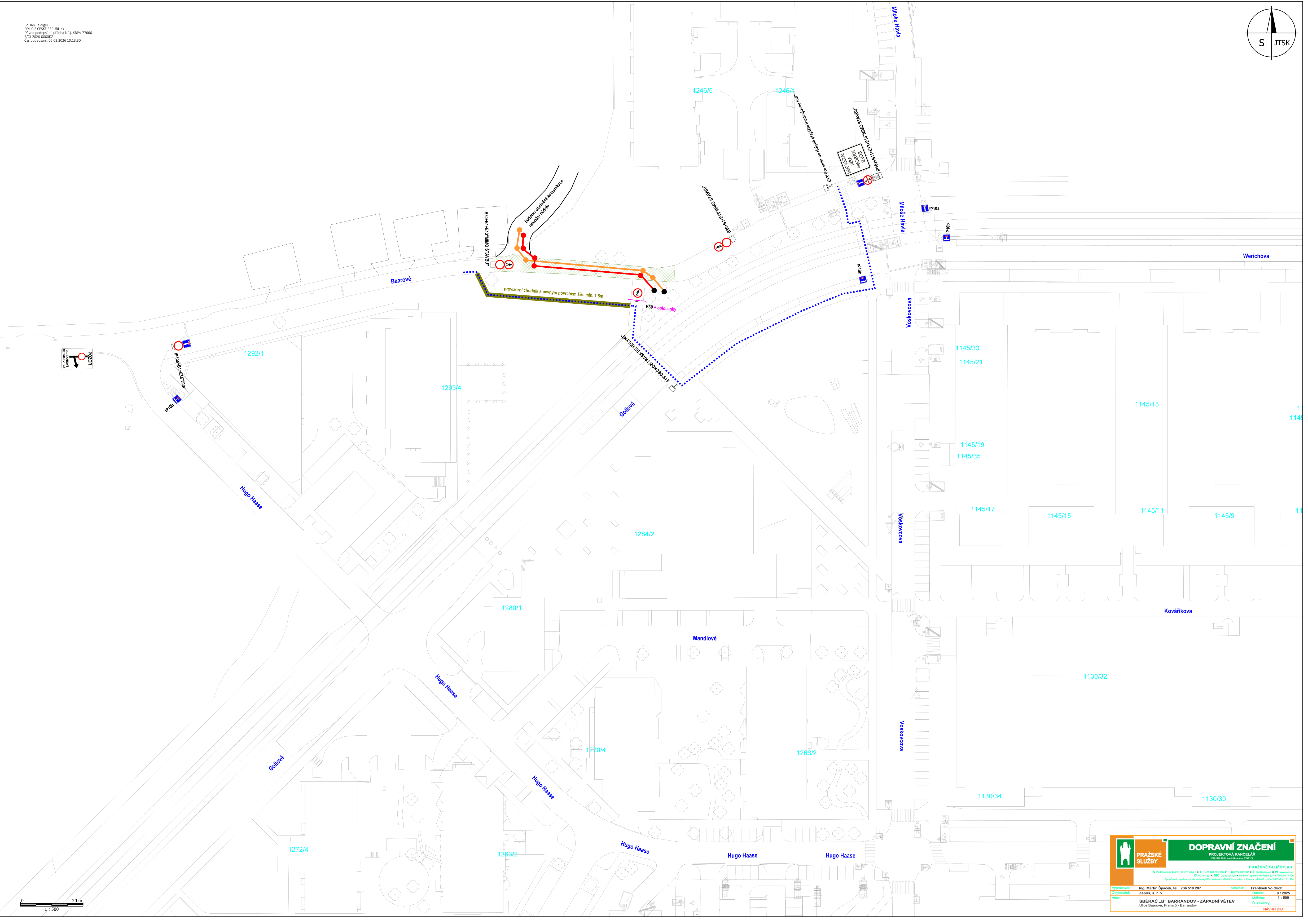 Koordinační výkres dopravního značení pro stavbu "Sběrač B Barrandov - západní větev".
