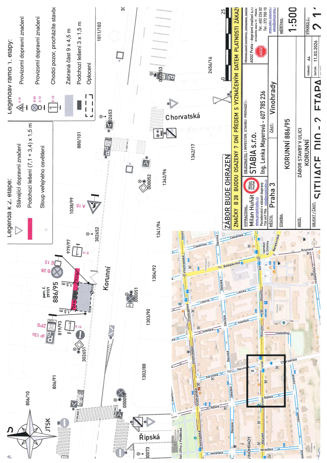 Situační nákres dopravního značení a záboru pro stavbu v ulici Korunní v Praze.