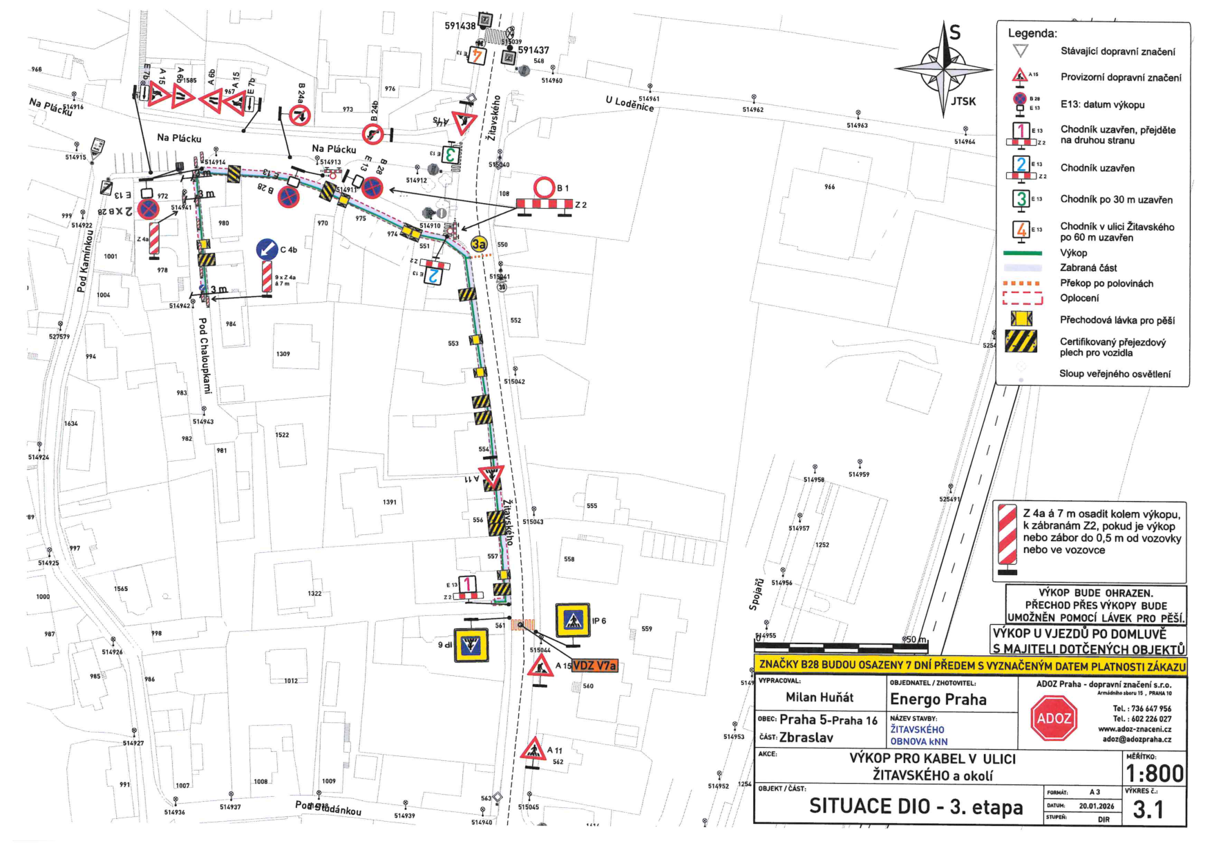 Situační plán dopravního značení a výkopových prací pro pokládku kabelů v ulici Žitavského.