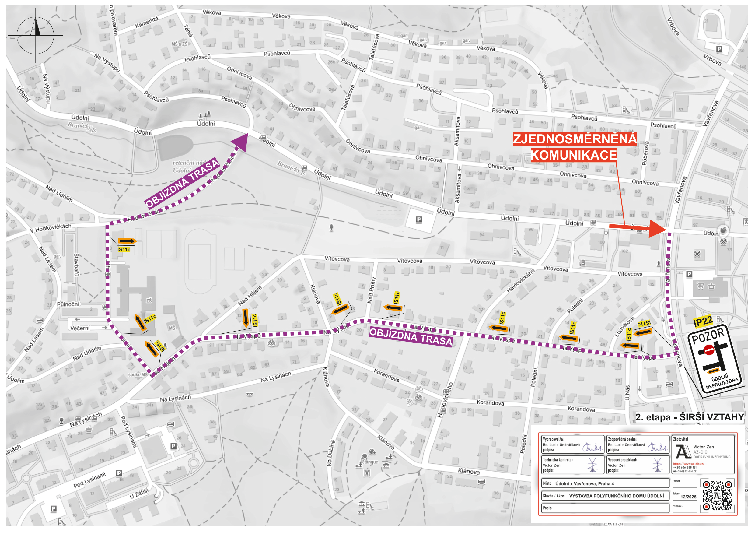 Situační nákres dopravního značení a objízdné trasy v souvislosti se stavbou polyfunkčního domu v ulici Údolní.