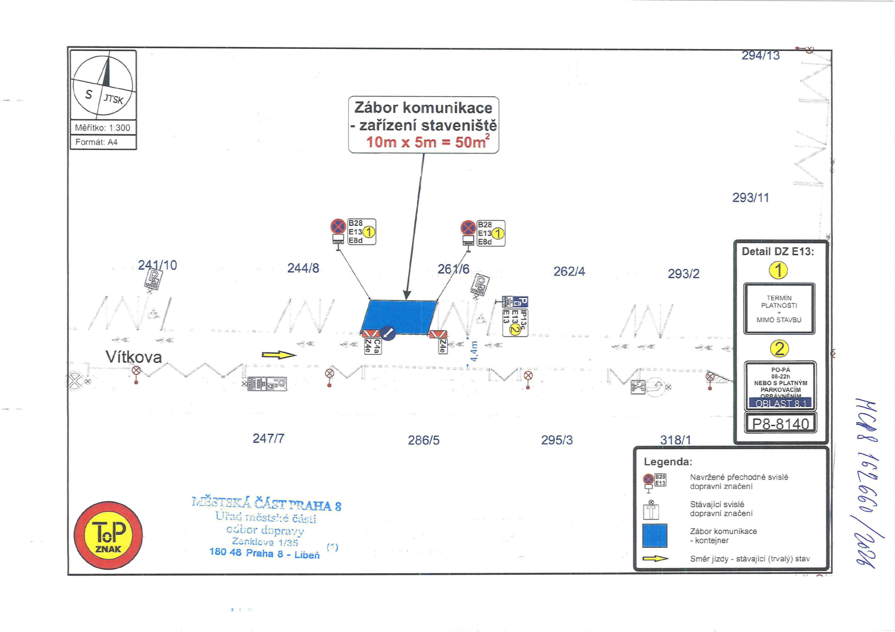 Situační nákres záboru komunikace pro umístění stavebního kontejneru v ulici Vítkova.