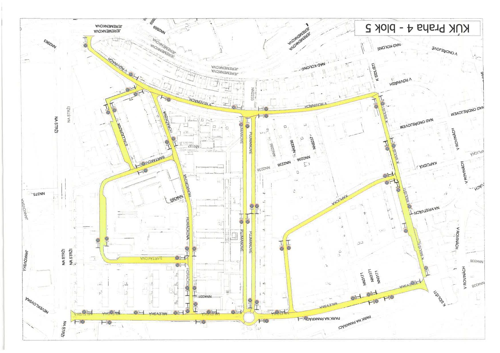 Situační nákres dopravního značení v oblasti Praha 4 - blok 5.
