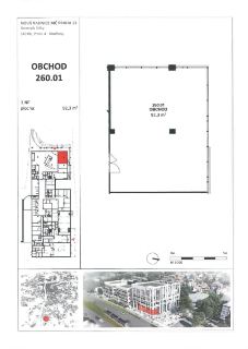 NOVÁ RADNICE MČ PRAHA 12, Generála Šišky, 143 00, Praha 4 - Modřany. OBCHOD 260.01. 1.NP, plocha: 92,3 m². Plán stavby, schéma umístění v budově a vizualizace…