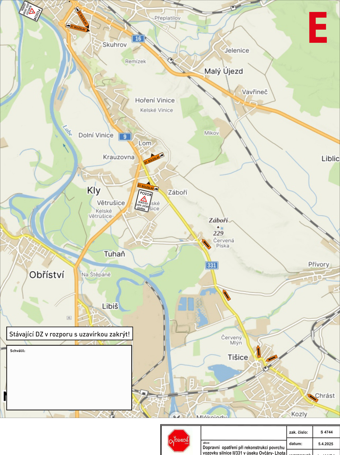 Situační nákres dopravního značení a objízdných tras v rámci rekonstrukce silnice II/331.