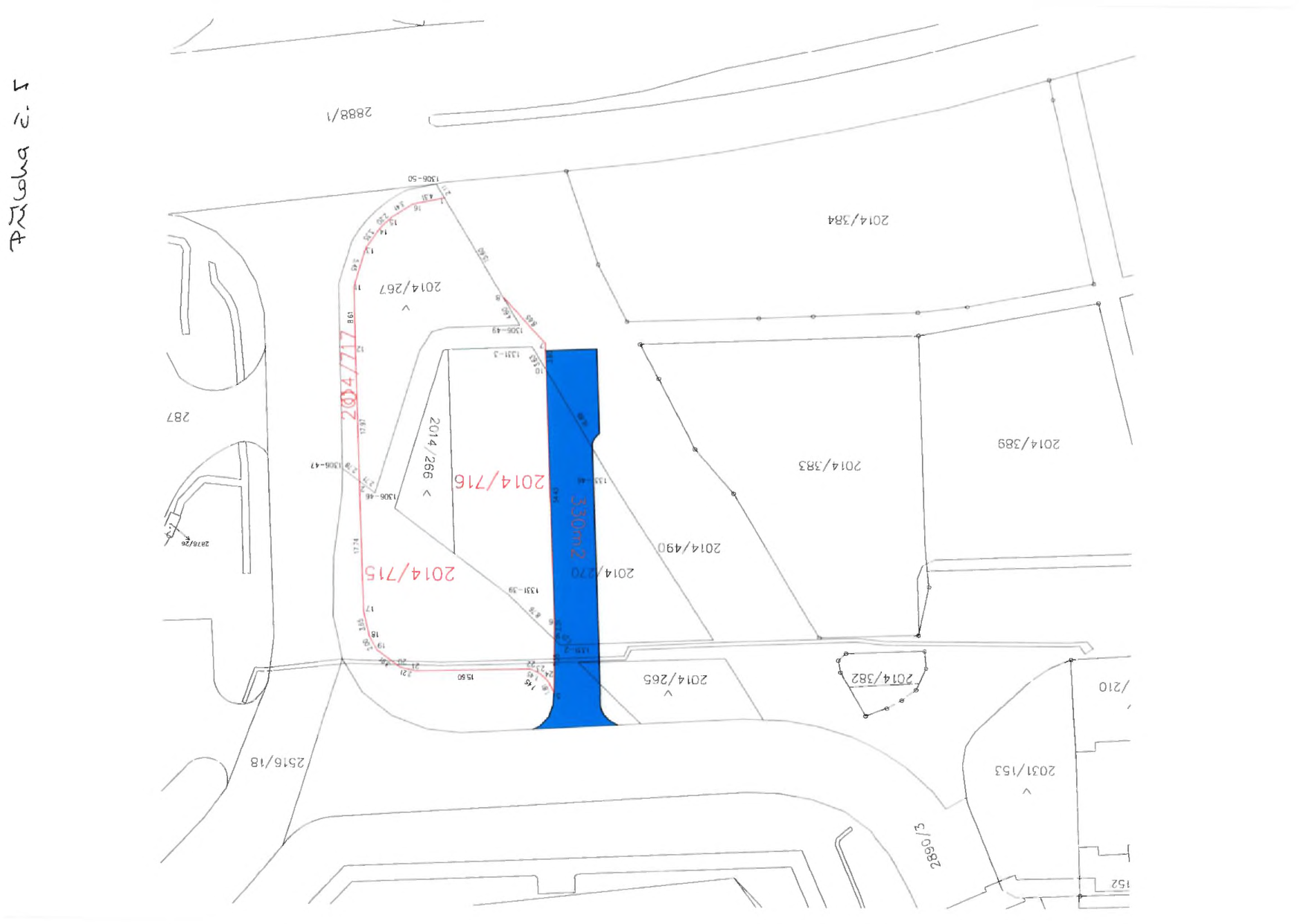 Katastrální situační nákres (Příloha č. 5) znázorňující rozdělení a vymezení pozemků. V mapě jsou vyznačena čísla parcel: 2890/3, 2031/153, 2014/382, 2014/265, 2014/270, 2014/490, 2014/383, 2014/389, 2014/716, 2014/266, 2014/715, 2014/717, 2014/267, 2516/18, 287 a 2888/1. Modře je zvýrazněna plocha o výměře 330 m2. V nákresu jsou uvedeny různé kótovací údaje (např. 15.60, 17.74, 17.97, 8.65, 15.60, 1331-39, 1306-46, 1306-49, 1306-50).