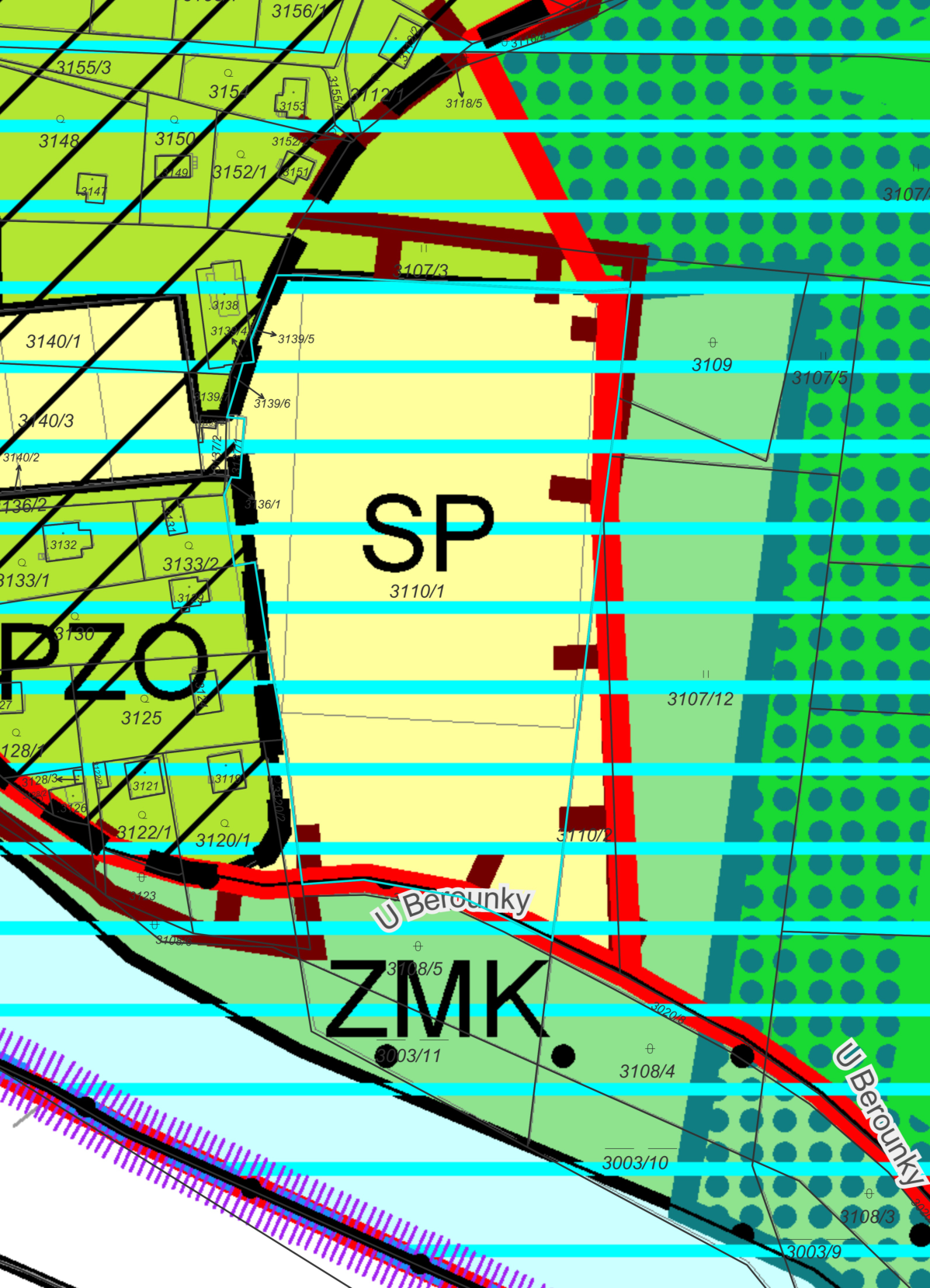 Výřez z územního plánu nebo katastrální mapy. Zobrazené parcely zahrnují mimo jiné: 3156/1, 3155/3, 3153, 3152/1, 3151, 3148, 3150, 3149, 3147, 3140/1, 3140/3, 3140/2, 136/2, 3132, 3133/1, 3133/2, 3138, 3139/5, 3139/6, 3136/1, 3125, 3128/3, 3126, 3122/1, 3120/1, 3119, 3110/1 (označeno jako SP), 3107/3, 3109, 3107/5, 3107/12, 3110/2, 3108/5, 3003/11, 3108/4, 3003/10, 3108/3, 3003/9. V mapě je patrný nápis 'U Berounky' a zkratka 'ZMK'.