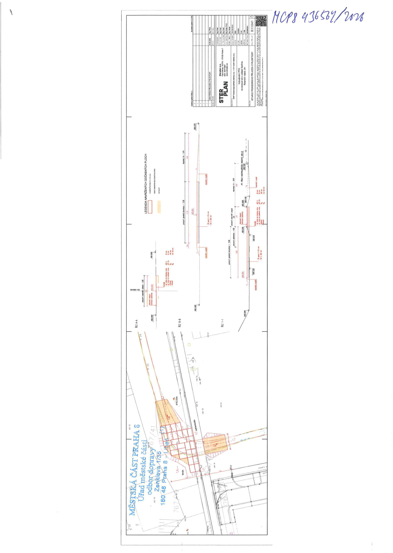 Projektová dokumentace: Situace provizorního přejezdu cyklostezky. Městská část Praha 8, Úřad městské části, odbor dopravy, Zenklova 1/35, 180 48 Praha 8 - Libeň. Dokument obsahuje situační nákres, řezy A-A, B-B, 1-1 a legendu navržených dočasných ploch. Zpracovatel: STER PLAN, Pernerova 168/14, 186 00 Praha 8. Číslo jednací: MCP8 436564/2026.